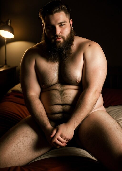 Bearded man sitting on a bed in a dimly lit room, looking at the camera with a thoughtful expression.