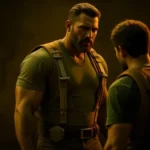 Muscular bearded man in tactical gear facing teammate in low light