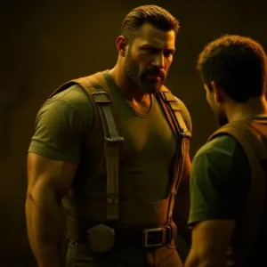 Muscular bearded man in tactical gear facing teammate in low light