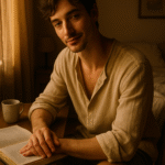 Young man reading a book in warm natural light at home