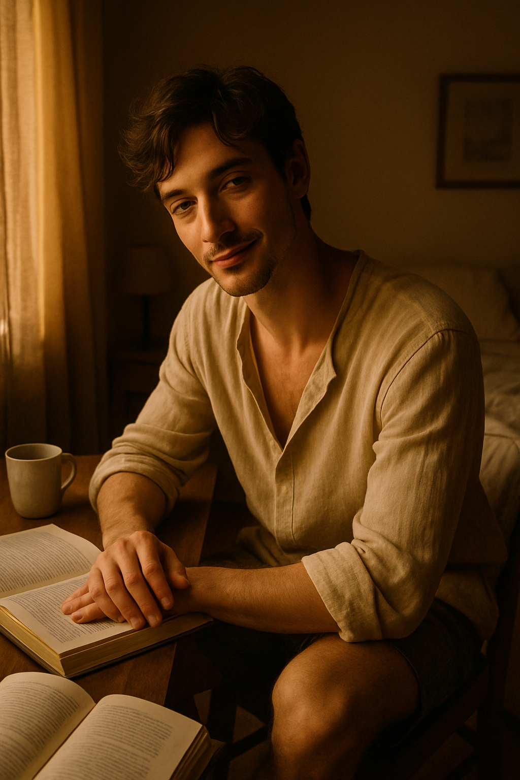 Young man reading a book in warm natural light at home