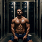 Shirtless muscular football player kneeling in a locker room, wearing tight blue sports shorts, sweaty and confident.