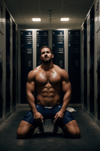 Shirtless muscular football player kneeling in a locker room, wearing tight blue sports shorts, sweaty and confident.