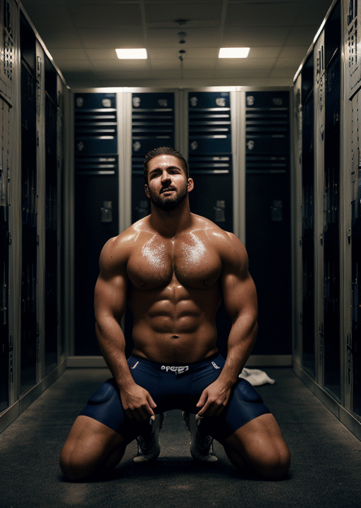 Shirtless muscular football player kneeling in a locker room, wearing tight blue sports shorts, sweaty and confident.